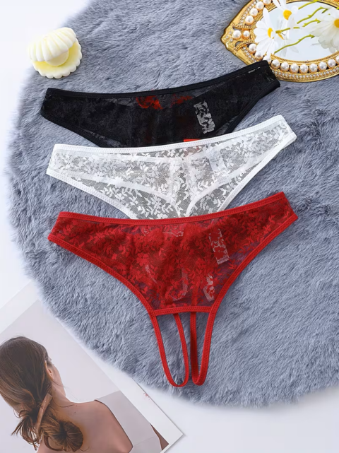 Bouquet Bouqtique Kadın 3'lü Seksi Ağ Bölgesi Açık Dantelli Tanga Seti BQT350055