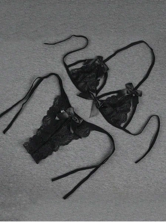 Bouquet Bouqtique Fantezi Seksi Siyah Fiyonk Süslemeli Dantelli Sütyen String Takımı BQT359707 - Görsel 3