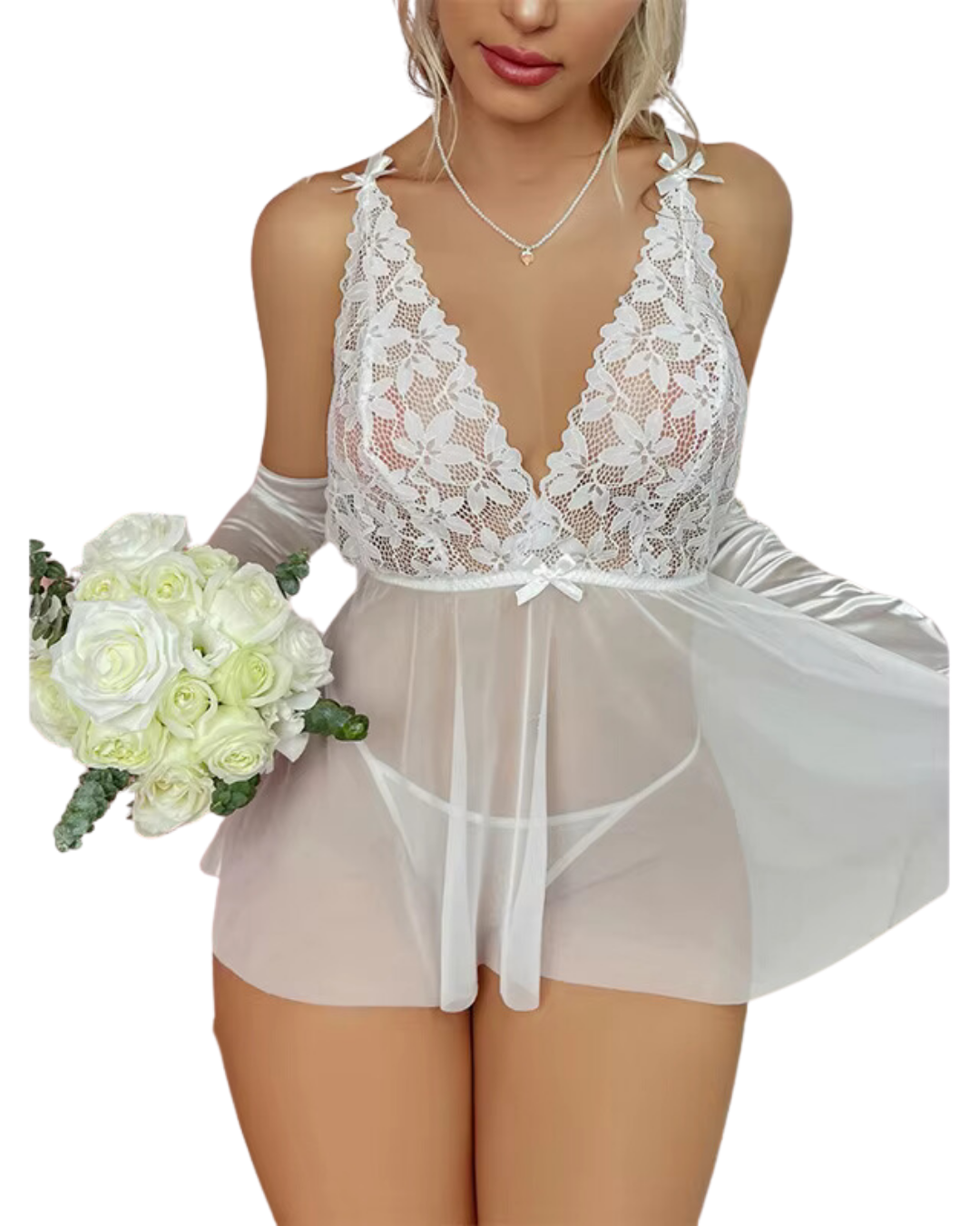 Bouquet Bouqtique Fantezi Beyaz Dantelli Transparan Tül Etekli Seksi Elbise Gecelik BQT353266 - Görsel 2