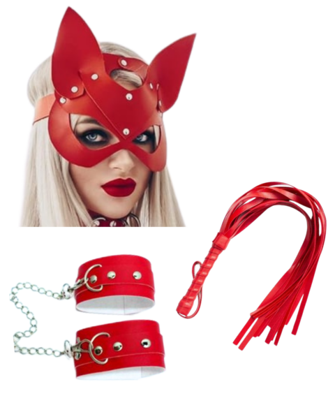 Bouquet Bouqtique Fantezi Deri Seksi Kırmızı Kedi Maske Kelepçe Kırbaç Seti ( 3'lü set) BQT355367