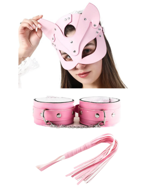 Bouquet Bouqtique Fantezi Deri Seksi Pembe Kedi Maske Kelepçe Kırbaç Seti ( 3'lü set) BQT355368