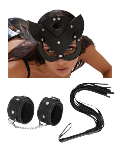 Bouquet Bouqtique Fantezi Deri Seksi Siyah Kedi Maske Kelepçe Kırbaç Seti ( 3'lü set) BQT355369