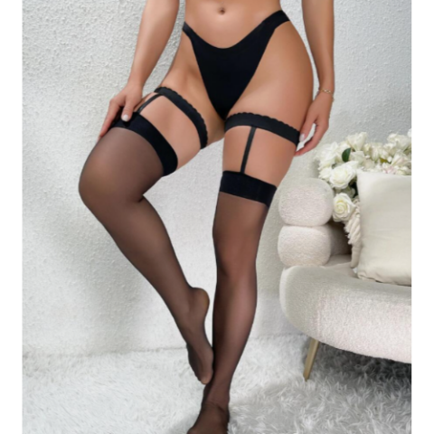 Bouquet Bouqtique Fantezi Kadın Siyah Dantel Bacak Bantlı String Jartiyer Çorap Takımı BQT350046