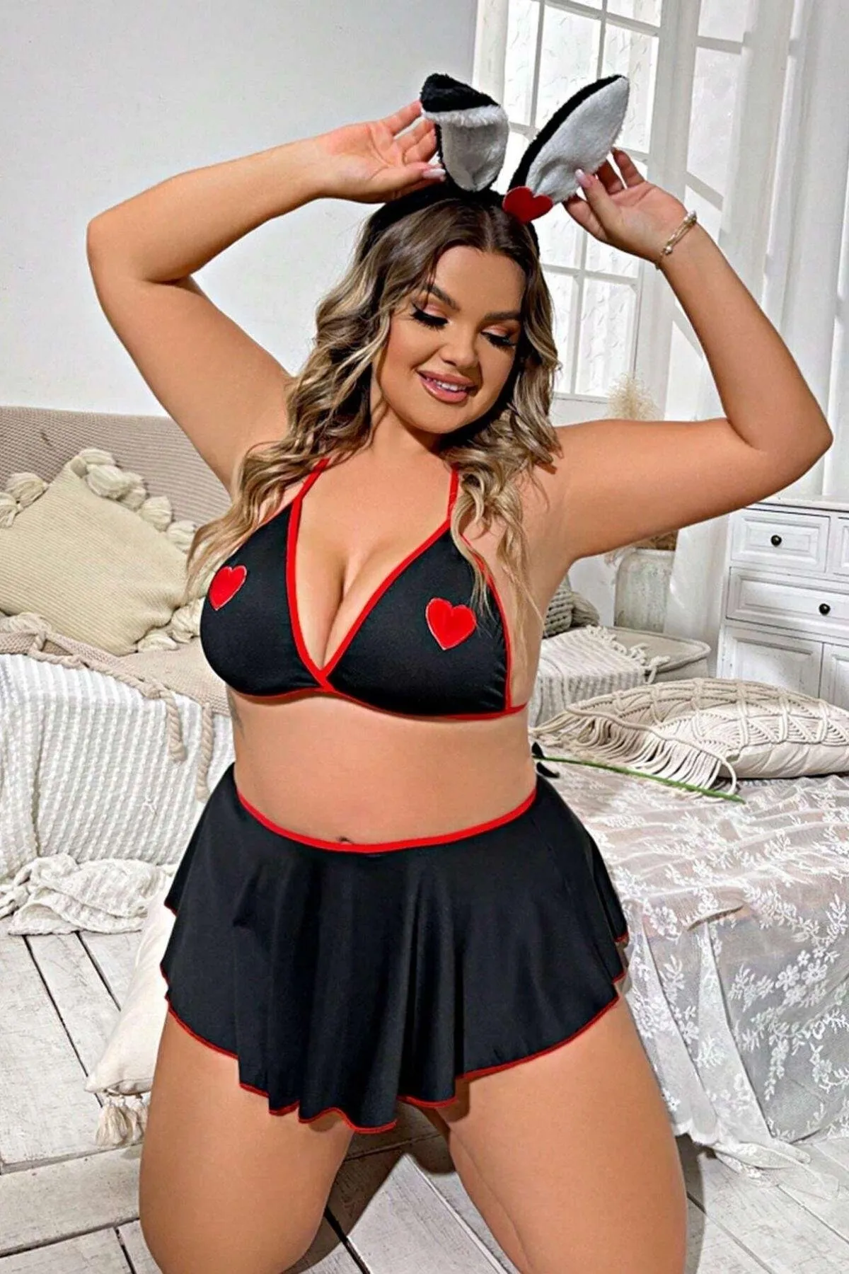 Bouquet Bouqtique Büyük Beden Fantazi Kalpli Mini Etekli Babydol Gecelik BQT359234-B