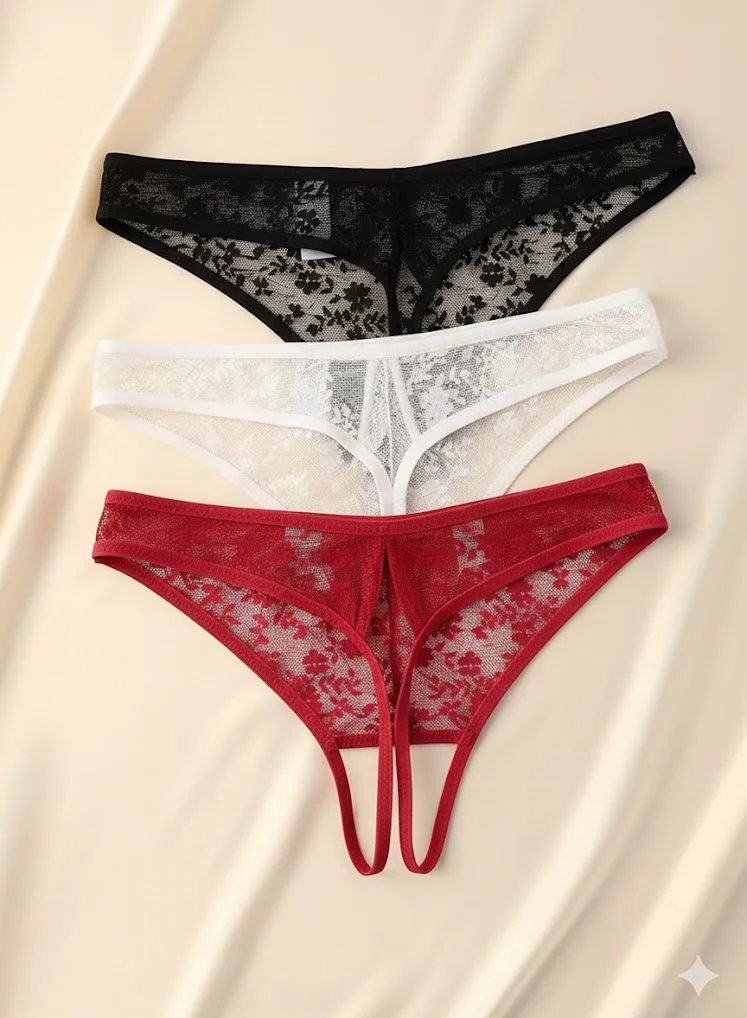Bouquet Boutique Kadın 3'lü Seksi Ağ Bölgesi Açık Dantelli Tanga Seti BQT350055 - Görsel 2