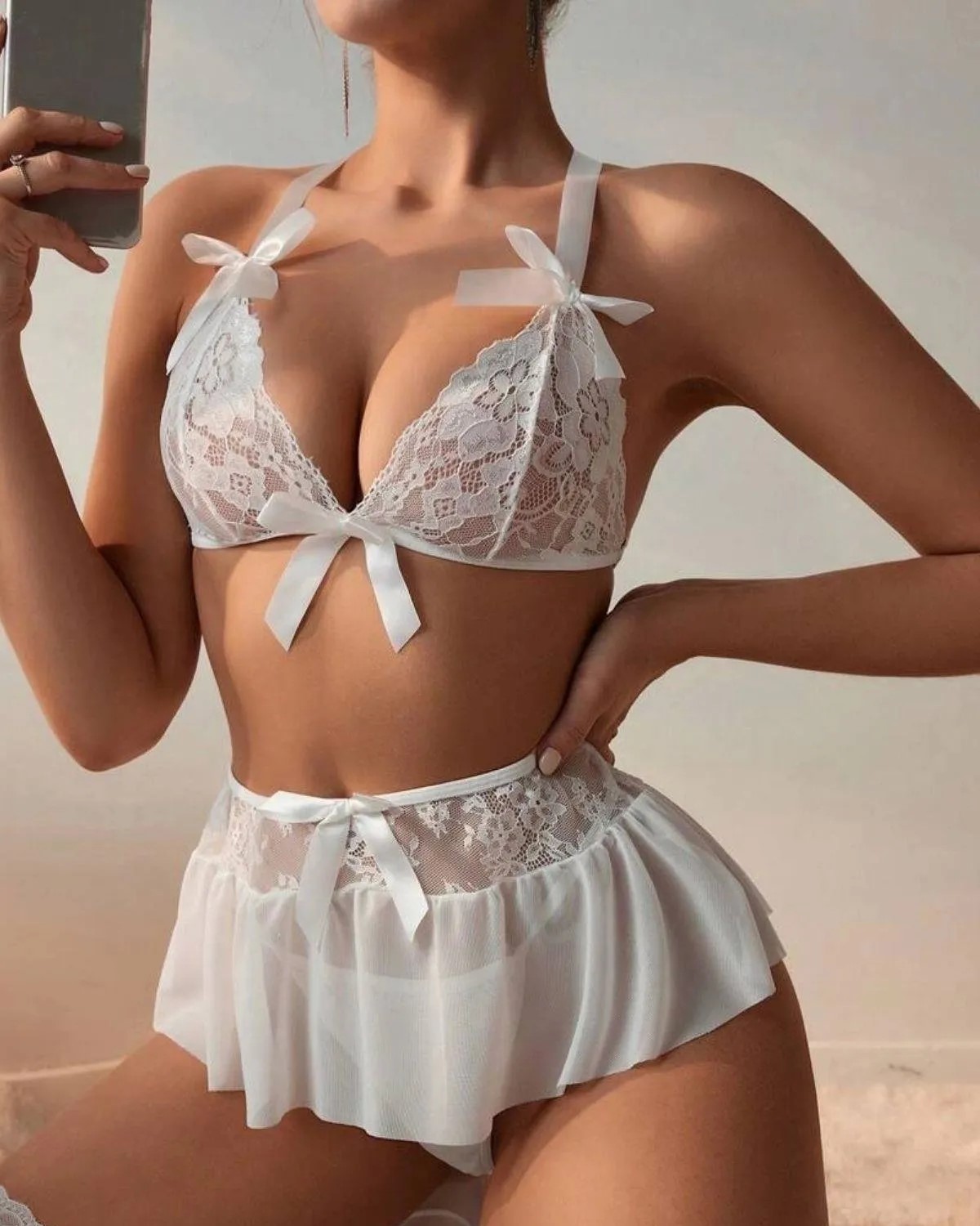 Bouquet Boutique Fantazi Beyaz Dantelli Fiyonklu Seksi Babydol BQT359239 - Görsel 2