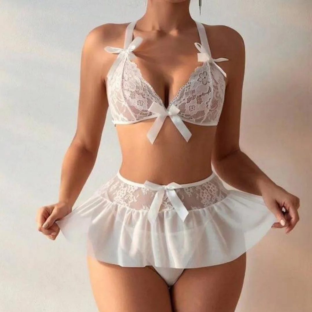 Bouquet Boutique Fantazi Beyaz Dantelli Fiyonklu Seksi Babydol BQT359239 - Görsel 3